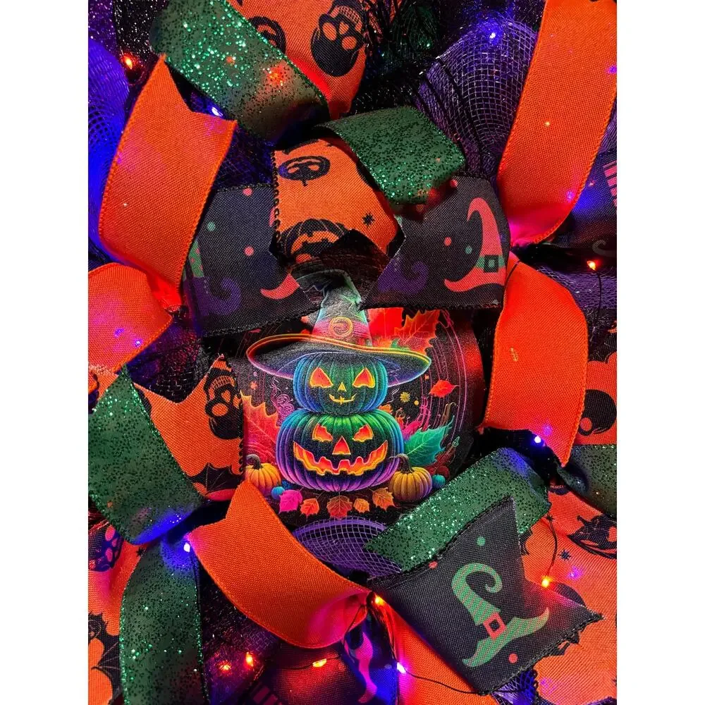 Pre Lit Halloween Wreath Glowing Pumpkin Light Up 24 Inch Handmade Deco Mesh